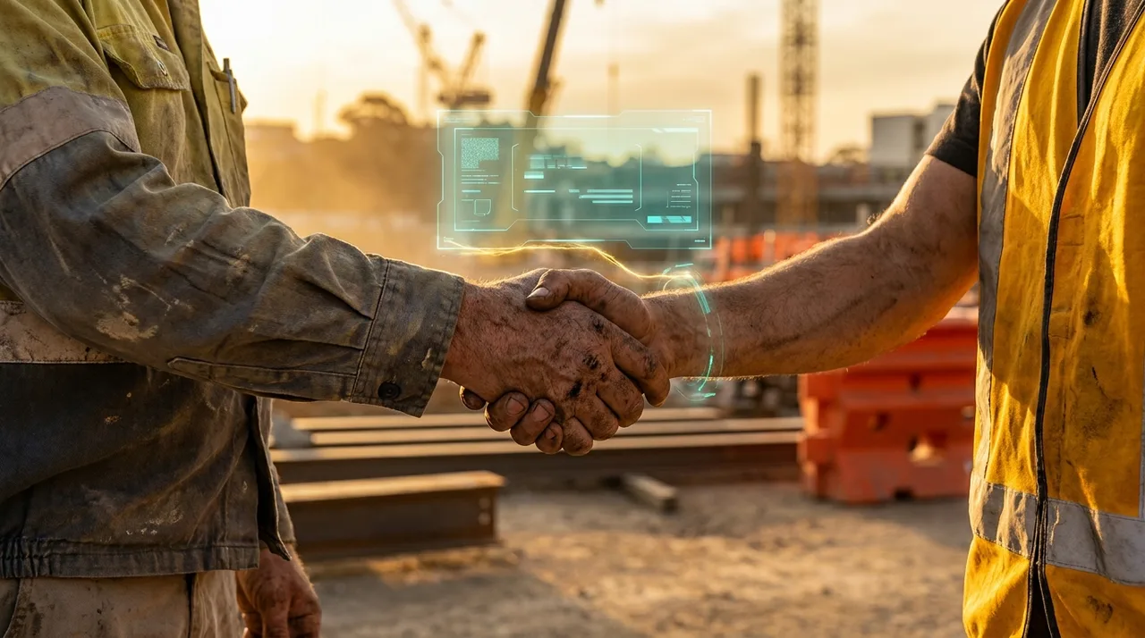 A close mid shot of a male site manager's weathered hands shaking hands with a new permanent hire in dusty golden-yellow hi-vis on a Sydney site at golden