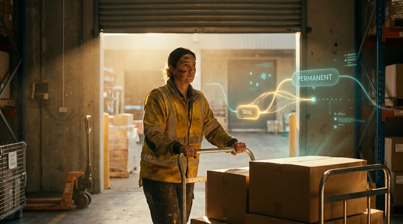 A female Sydney warehouse operative in dusty golden-yellow hi-vis moving stock in a distribution centre at golden hour, a faint translucent teal
