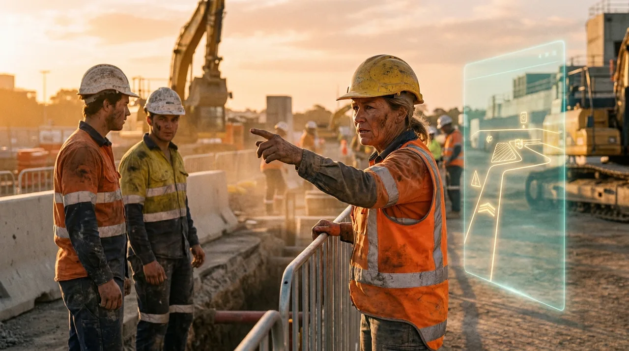 A weathered female leading hand in dusty golden-yellow hi-vis and a hard hat calling out a hazard and steering two labourers clear on a busy Sydney site