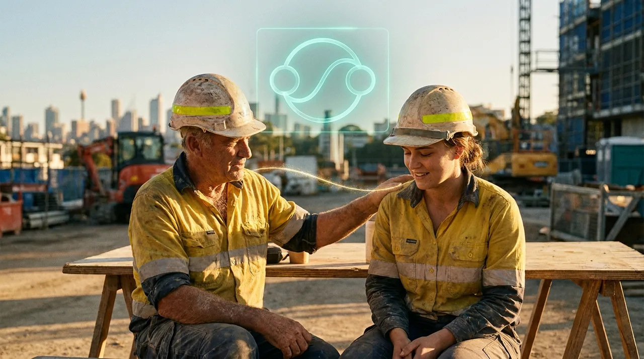 Two Sydney tradies in dusty golden-yellow hi-vis and hard hats talking quietly away from the crew, one showing the other messages on a phone