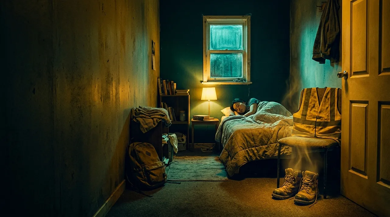 A new labourer asleep early with his boots and hi-vis vest laid out by the door, ready for a pre-dawn site start