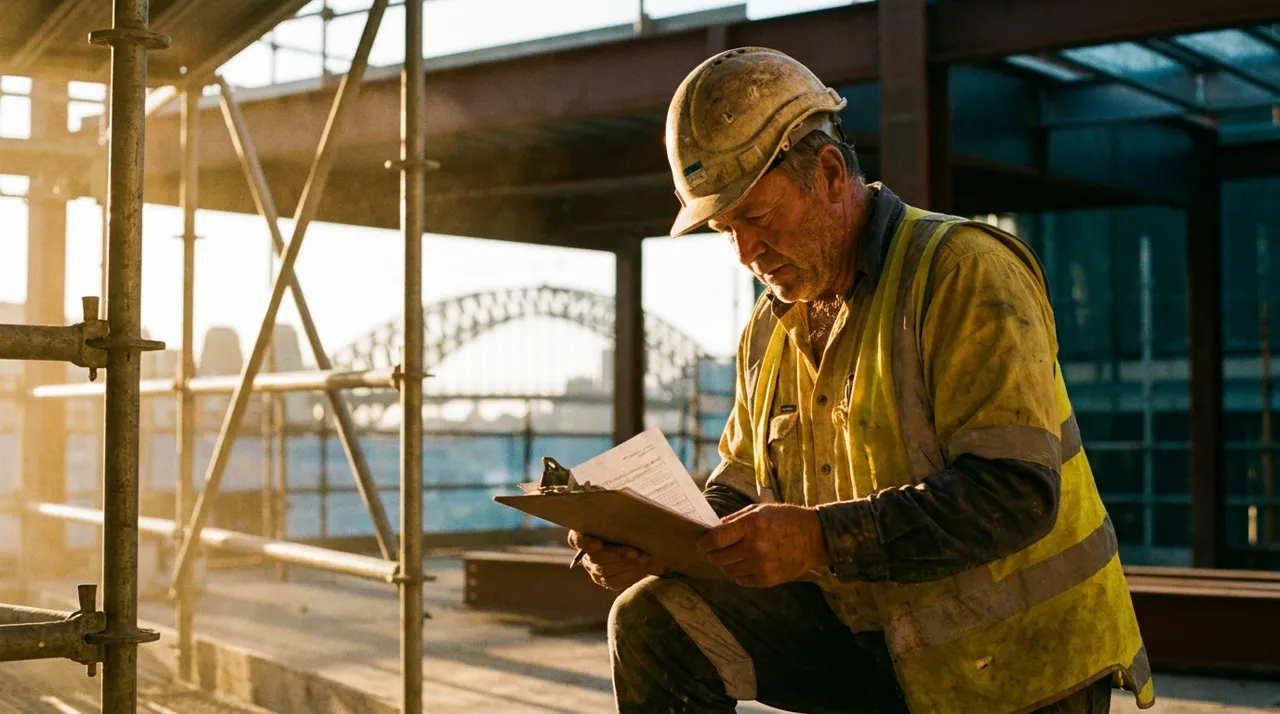 Sydney site supervisor checking compliance paperwork in hi-vis at a construction site