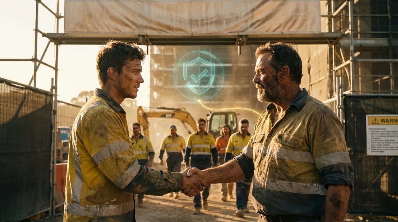 A young weathered Sydney site manager in dusty golden-yellow hi-vis shaking hands with an older labour hire rep at the entrance to a construction site at