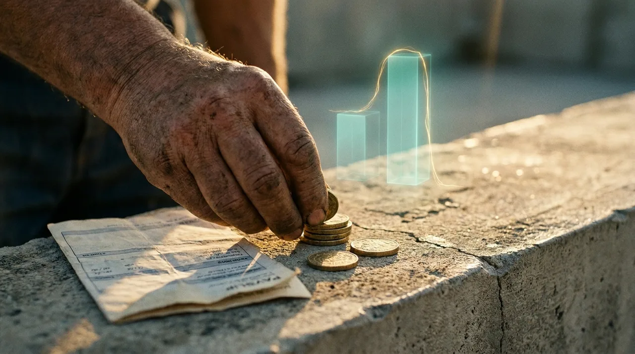 A close mid shot of an older weathered worker's calloused hands stacking golden coins beside a payslip on a dusty concrete ledge at golden hour, a faint