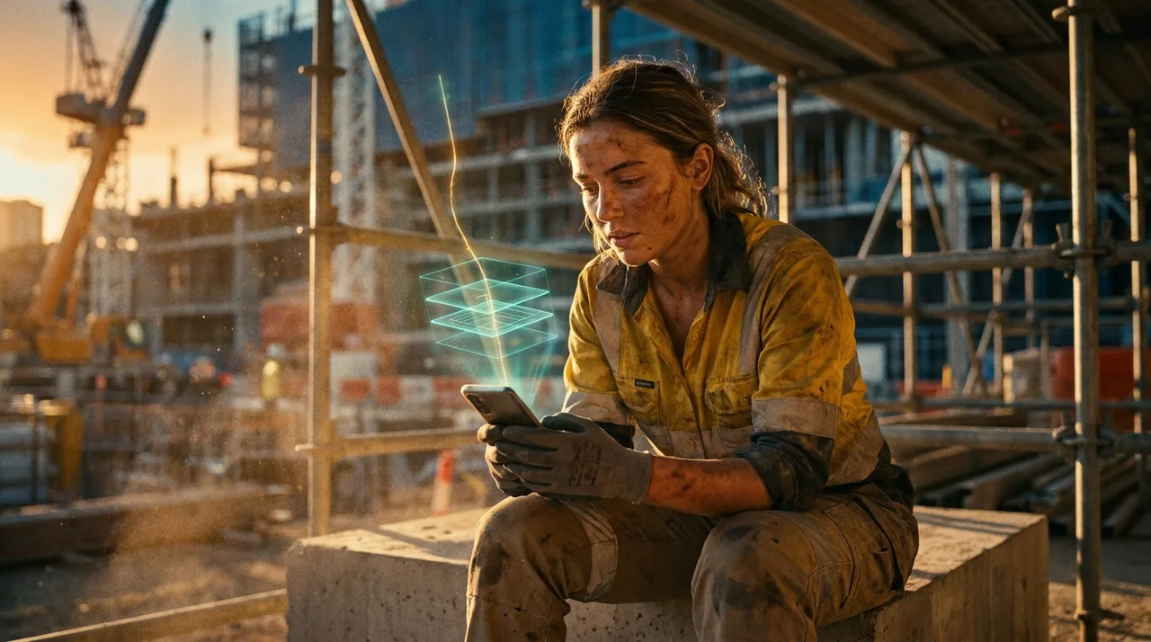 A young weathered female Sydney tradie in dusty golden-yellow hi-vis checking her super and tax on a phone during smoko at golden hour, a faint