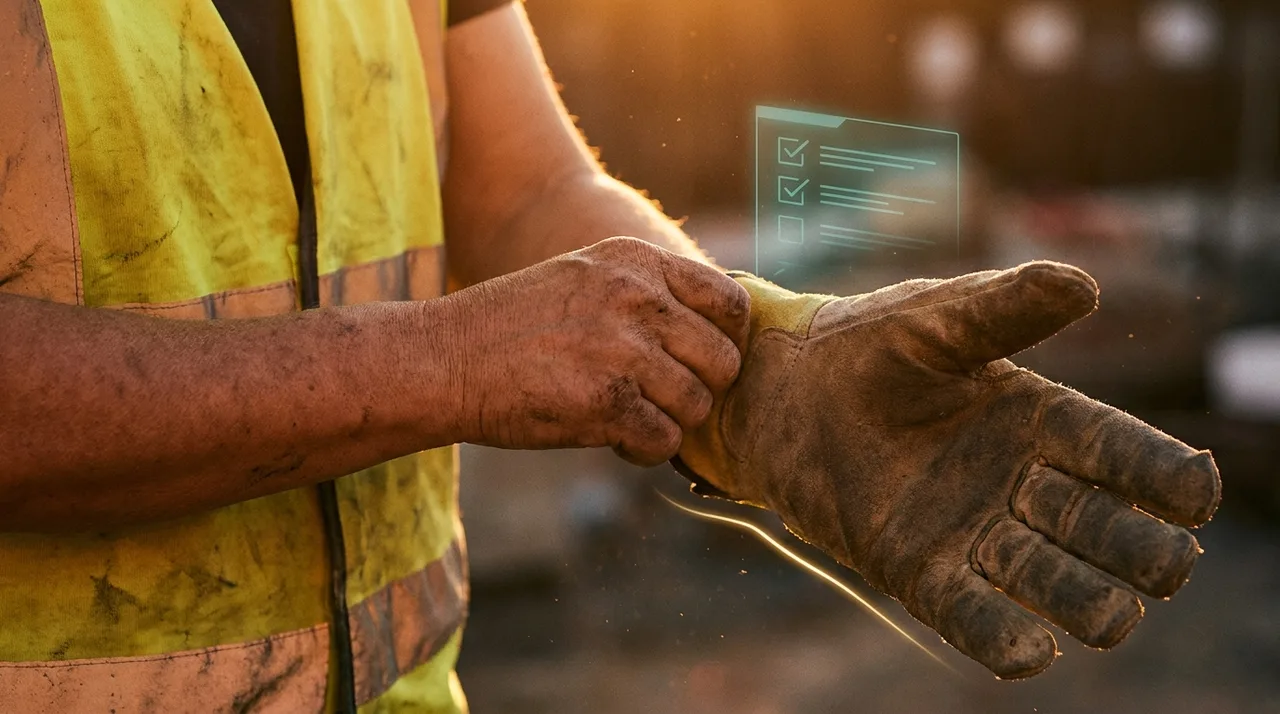 A close mid shot of a weathered female worker's hands pulling on a pair of heavy work gloves and a hi-vis vest on a Sydney site, warm golden light, a