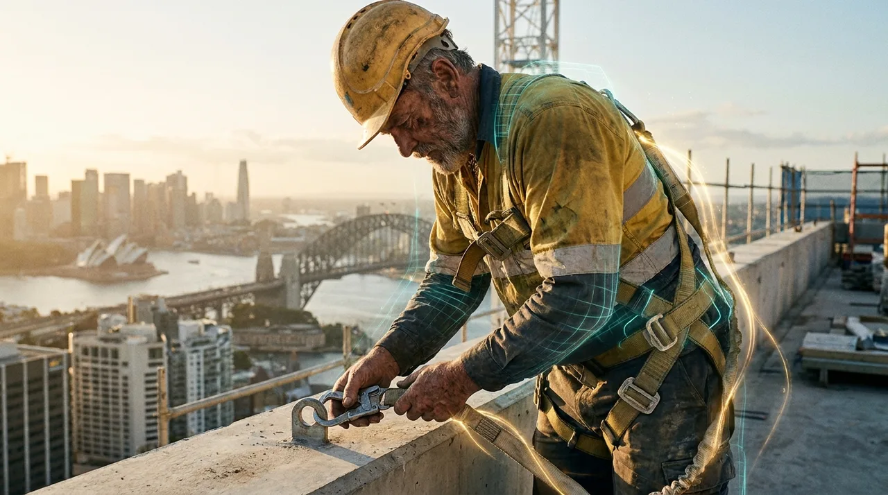 A weathered older male worker in dusty golden-yellow hi-vis clipping on a fall-arrest harness near an edge on a Sydney high-rise site at golden hour, city