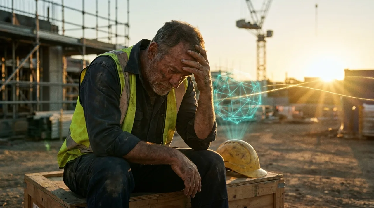 A close mid shot of a weathered older male worker sitting alone on a Sydney site at golden hour, head bowed, hard hat resting beside him, warm melancholy