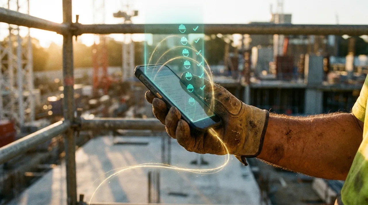 A close mid shot of a weathered Sydney supervisor's calloused hand holding a phone at dawn on site, a translucent teal holographic confirmation-list of