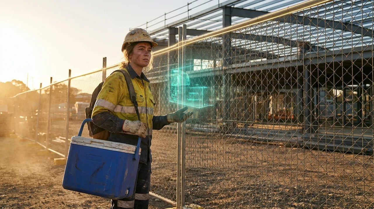 A young female Sydney labourer in dusty golden-yellow hi-vis and hard hat arriving at a construction site at first light, esky in hand, ready to start, a