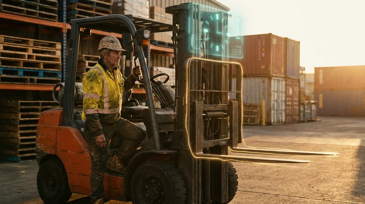 A weathered male Sydney forklift operator in dusty golden-yellow hi-vis and hard hat climbing onto a forklift on a warehouse dock at golden hour, a faint