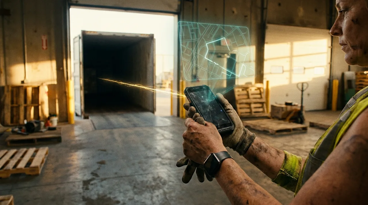 A close mid shot of a female Sydney warehouse dispatcher's calloused hand checking a phone at a loading dock, a faint translucent teal holographic