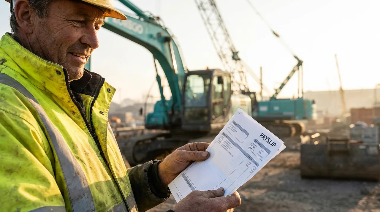 Construction worker payslip with superannuation and PAYG line items visible