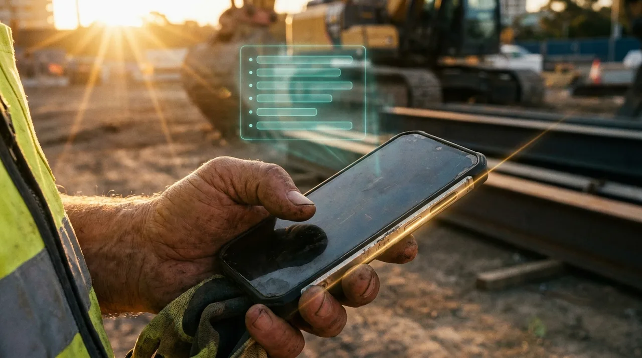 A close mid shot of a weathered Sydney worker's calloused hand holding a phone displaying a faint translucent teal holographic seven-point checklist HUD