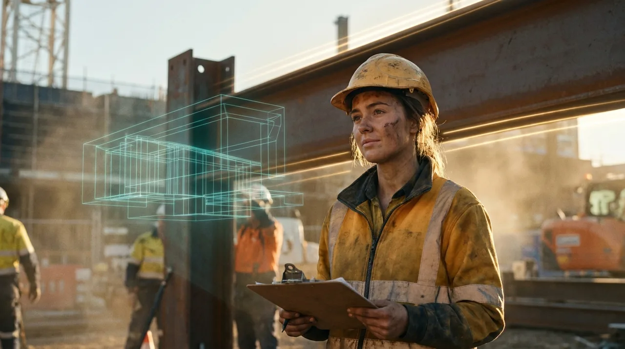 A young female Sydney apprentice in dusty golden-yellow hi-vis and hard hat pausing before signing a clipboard on a site at golden hour, considering
