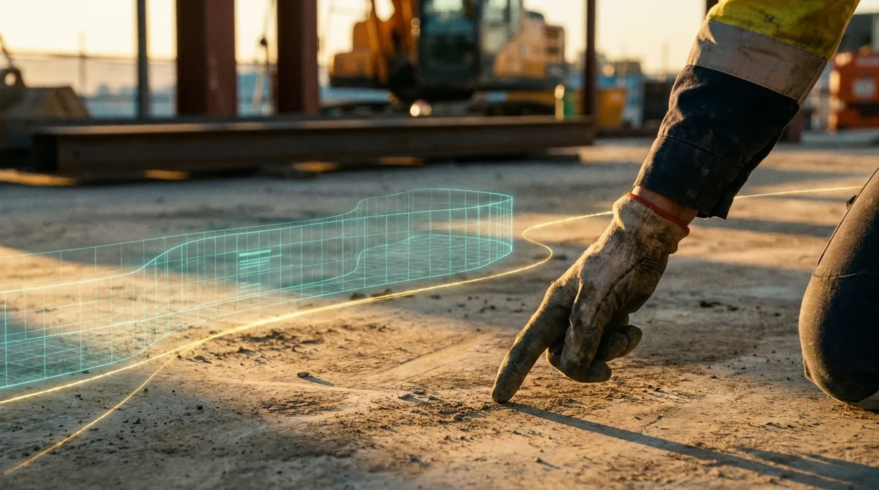 A close mid shot of a female Sydney supervisor's calloused hand pointing across a site walk at golden hour, a translucent teal holographic exclusion-zone
