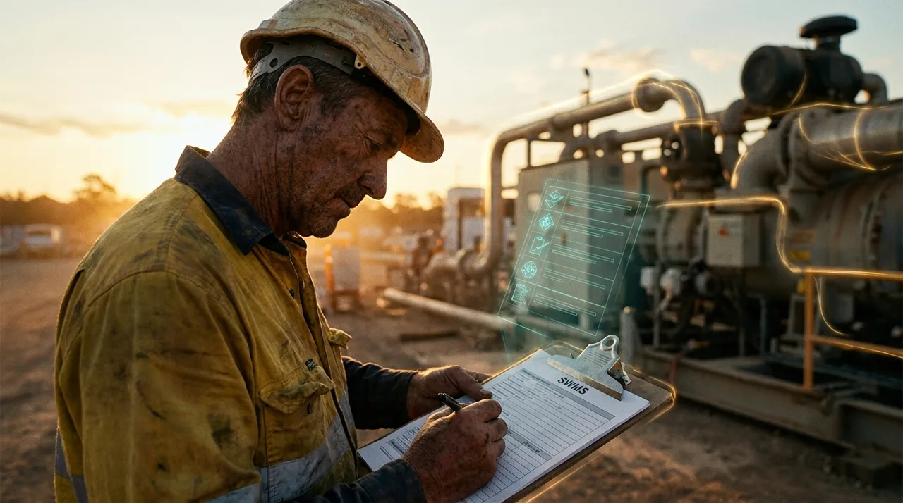 A weathered Sydney worker in dusty golden-yellow hi-vis and hard hat signing a SWMS form on a clipboard at a hands-on plant briefing at golden hour, a