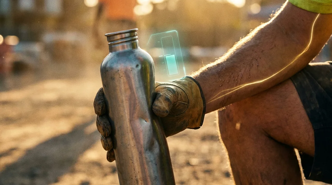 A close mid shot of a weathered Sydney worker's calloused hand gripping a large water bottle on a hot site at golden hour, sweat on his forearm, a faint