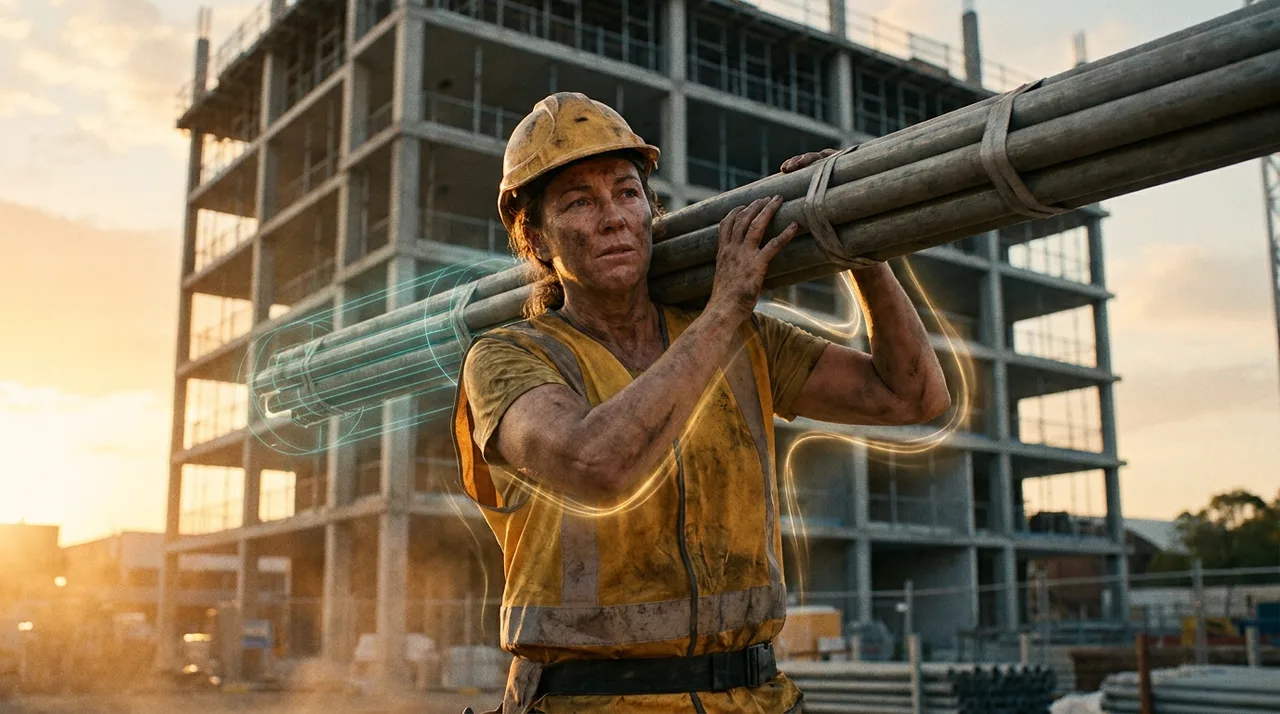 A strong female Sydney labourer in dusty golden-yellow hi-vis and hard hat carrying a heavy load across a site at golden hour, muscles working, a faint