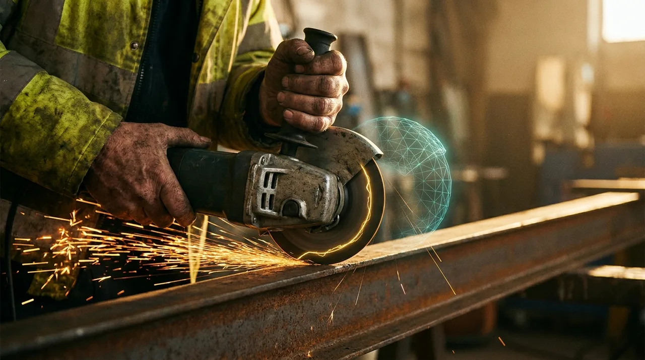 A close mid shot of a weathered Sydney skilled labourer's calloused hands guiding an angle grinder across steel, sparks flying, a faint translucent teal