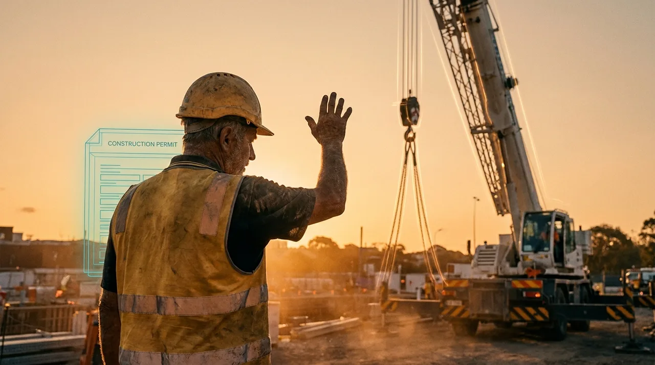 A licensed Sydney labourer in dusty golden-yellow hi-vis and hard hat directing a crane lift with hand signals on a site at golden hour, a faint