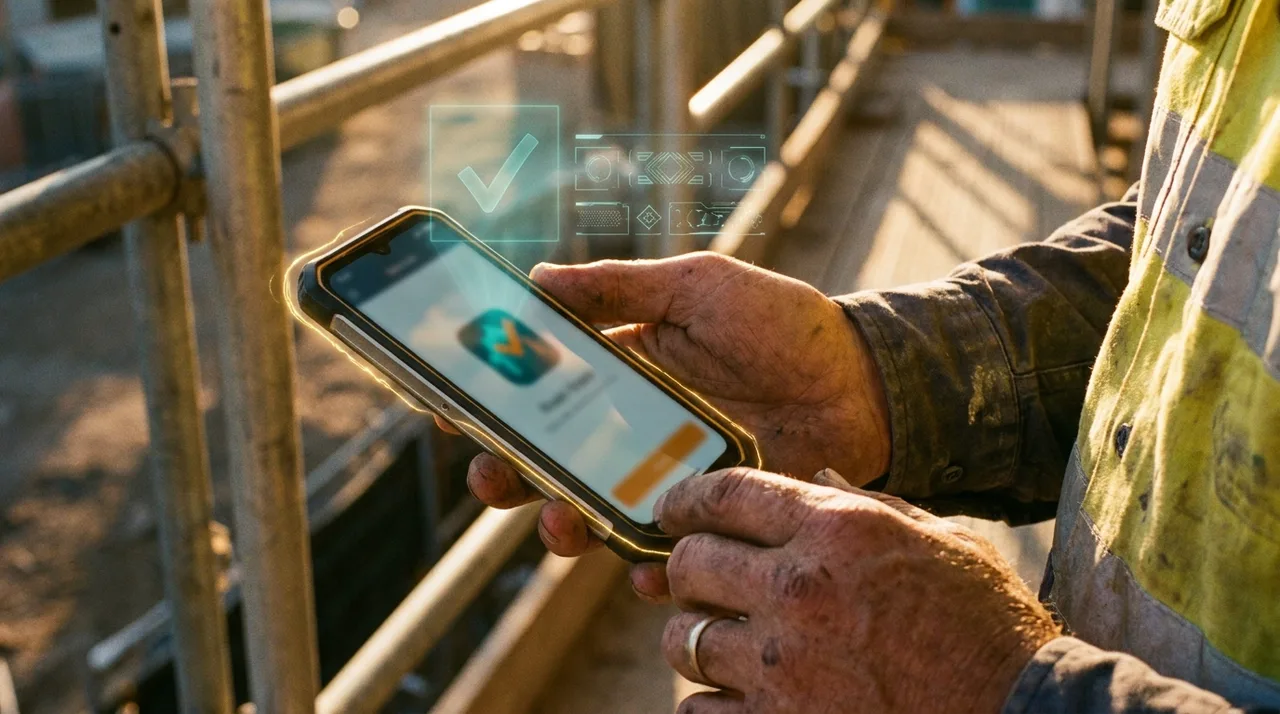 A close mid shot of a weathered Sydney foreman's calloused hand holding a phone running a workers-comp lookup on a site, a faint translucent teal