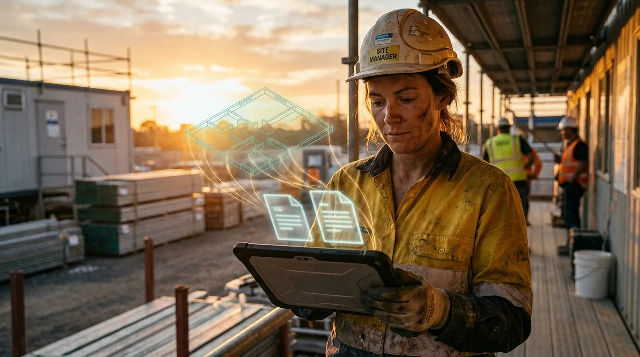 A female Sydney site manager in dusty golden-yellow hi-vis and hard hat comparing two rate quotes on a tablet at a site office at golden hour, weighing
