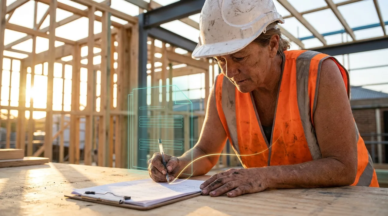 A close mid shot of a middle-aged female Sydney foreman in dusty golden-yellow hi-vis and a scuffed hard hat signing a contract clipboard on a site bench