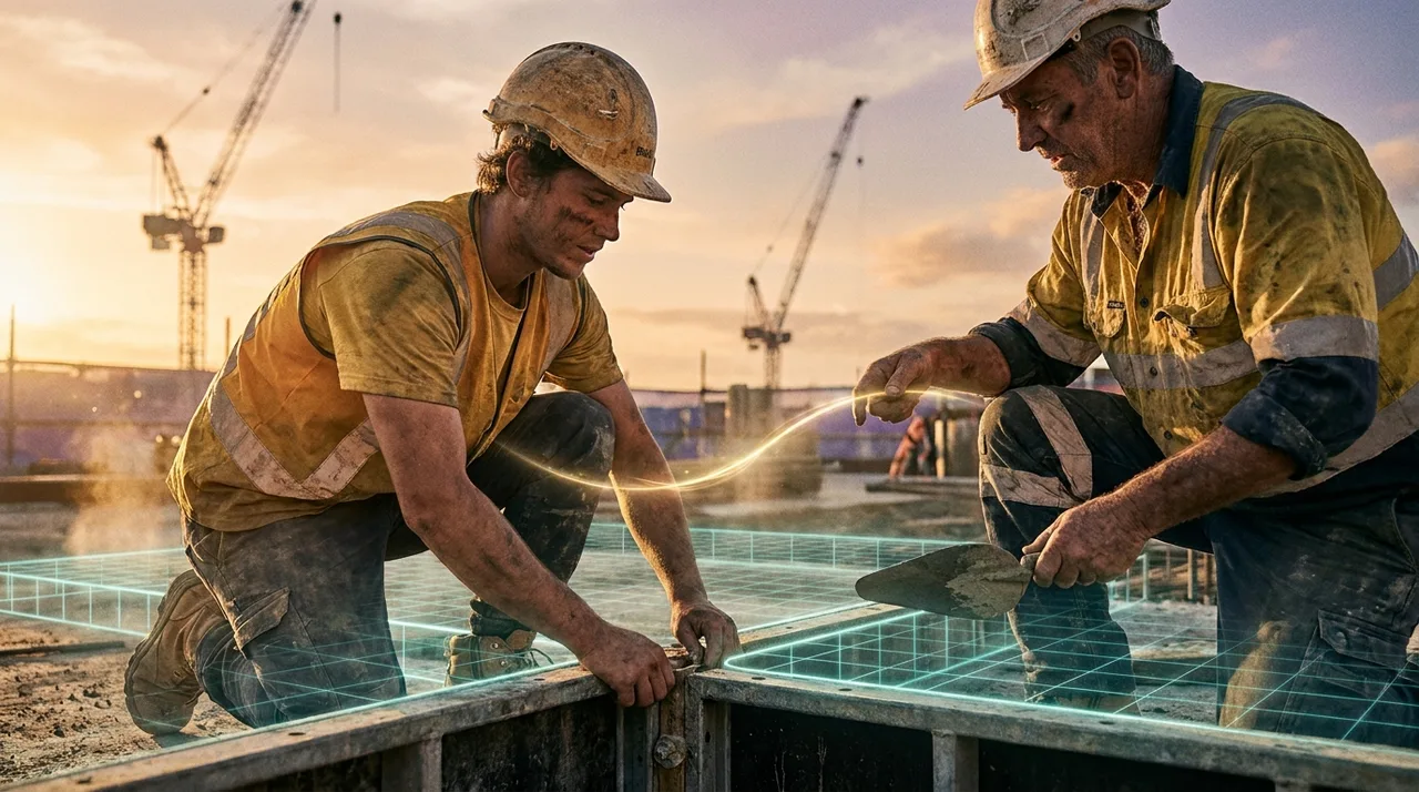 A weathered young subcontractor in dusty golden-yellow hi-vis and scuffed hard hat working alongside an older labour hire worker forming up a concrete