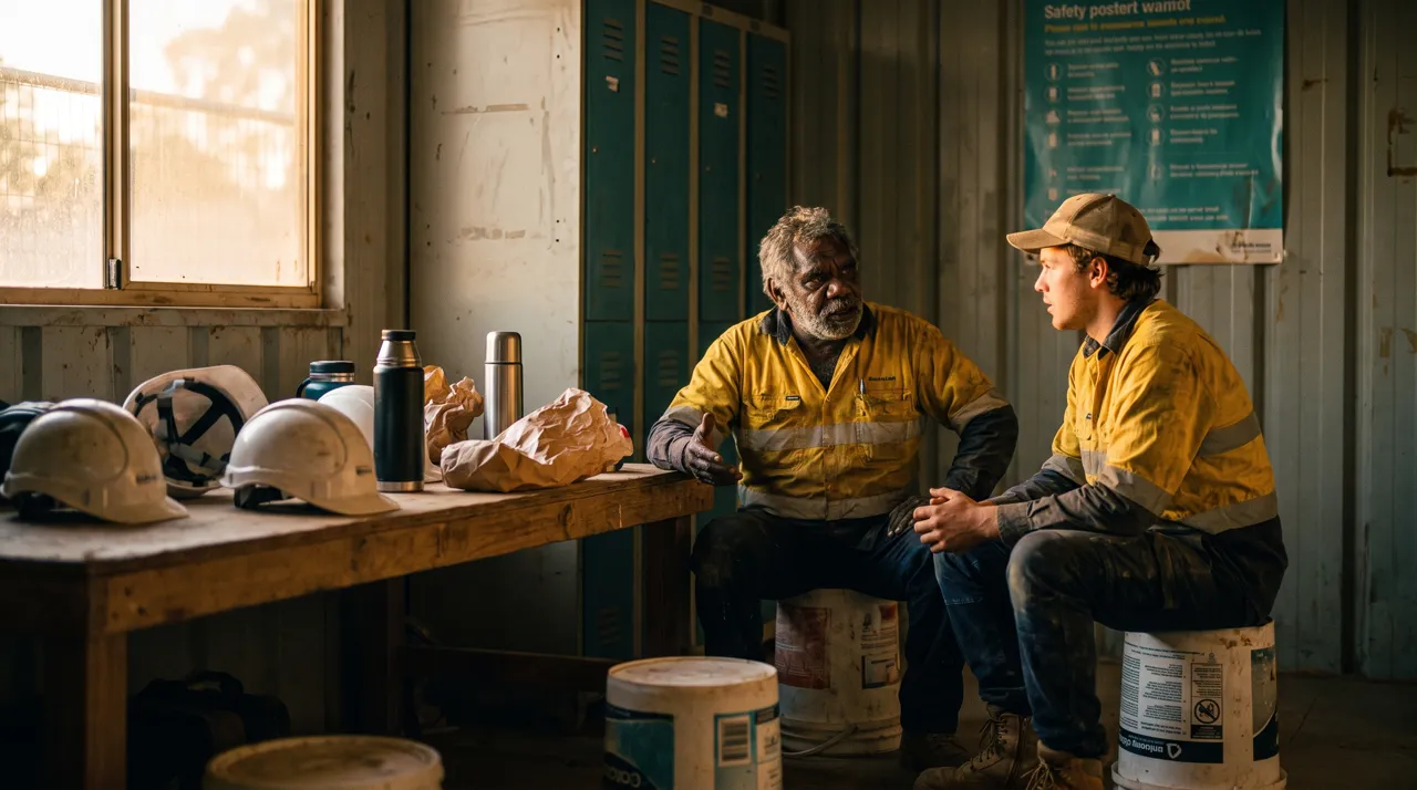 Sydney construction workers talking together in a site crib room during the morning break