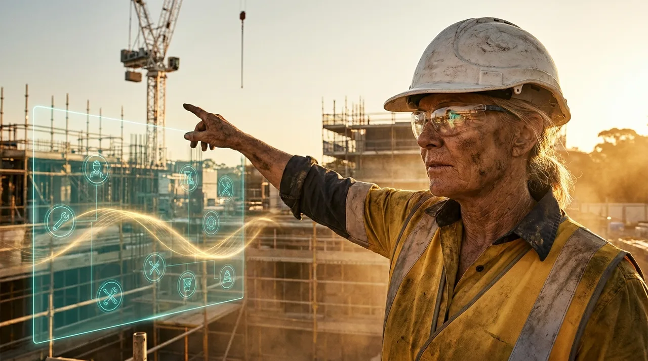 A close mid shot of an older female Sydney foreman in dusty golden-yellow hi-vis and scuffed hard hat pointing across a site at golden hour, calloused