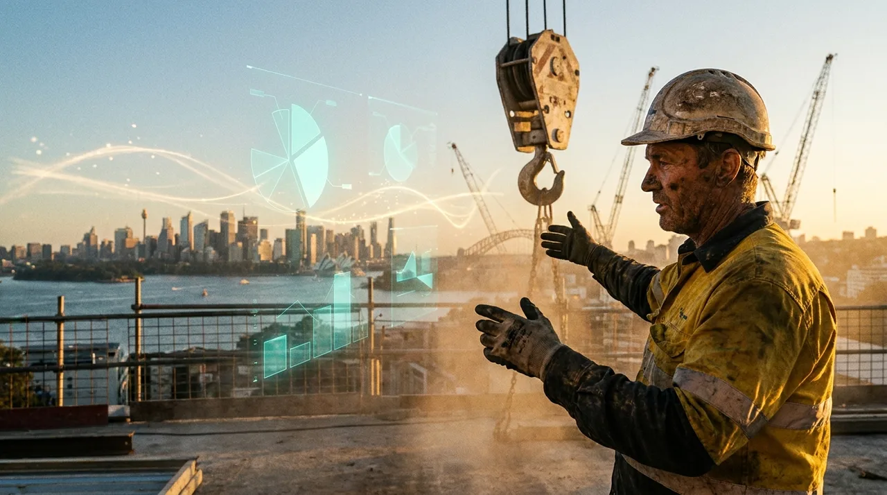 A weathered young male Sydney rigger in dusty golden-yellow hi-vis and scuffed hard hat on a deck at golden hour guiding a crane hook over a dawn skyline