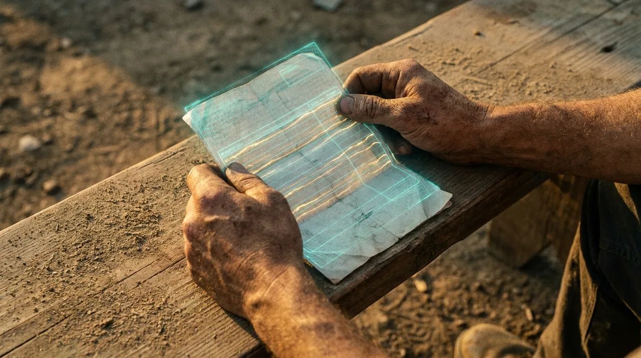 A close mid shot of a middle-aged male Sydney labourer's calloused hands holding a payslip on a dusty bench at golden hour, ground-in grime, a translucent