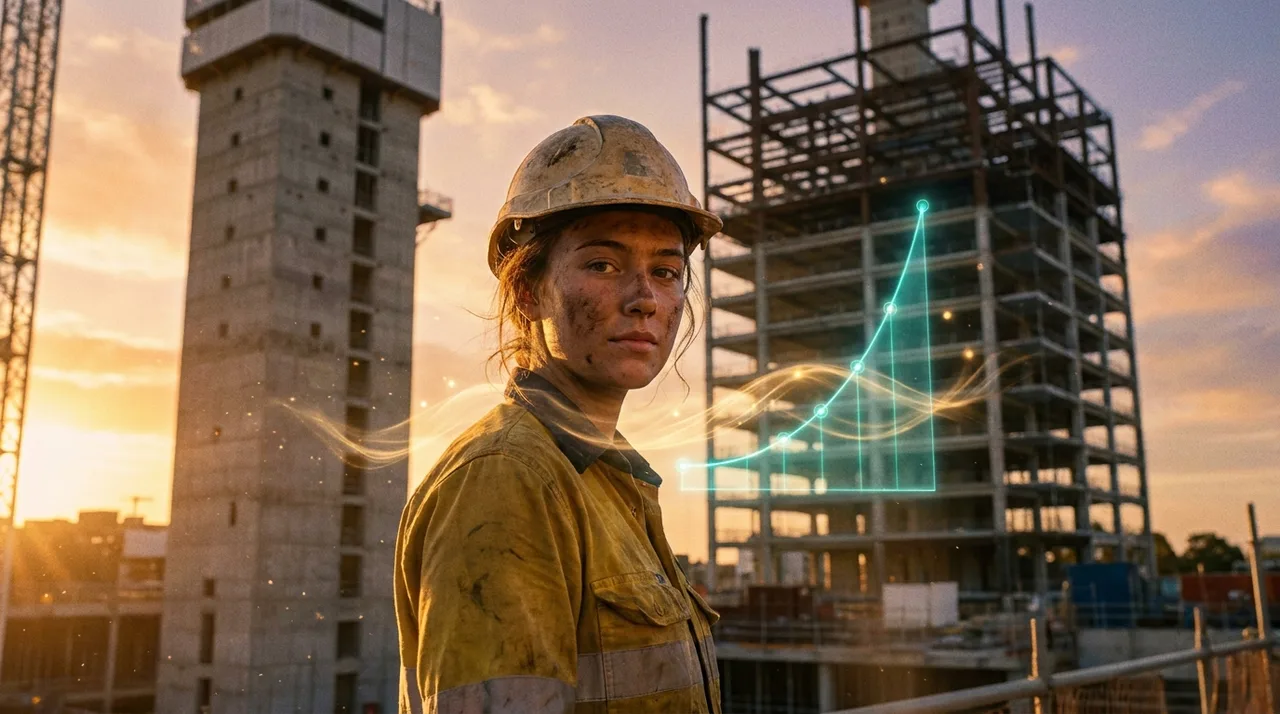 A weathered young female Sydney worker in dusty golden-yellow hi-vis and scuffed hard hat at a site gate at golden hour, grime on her face, a translucent