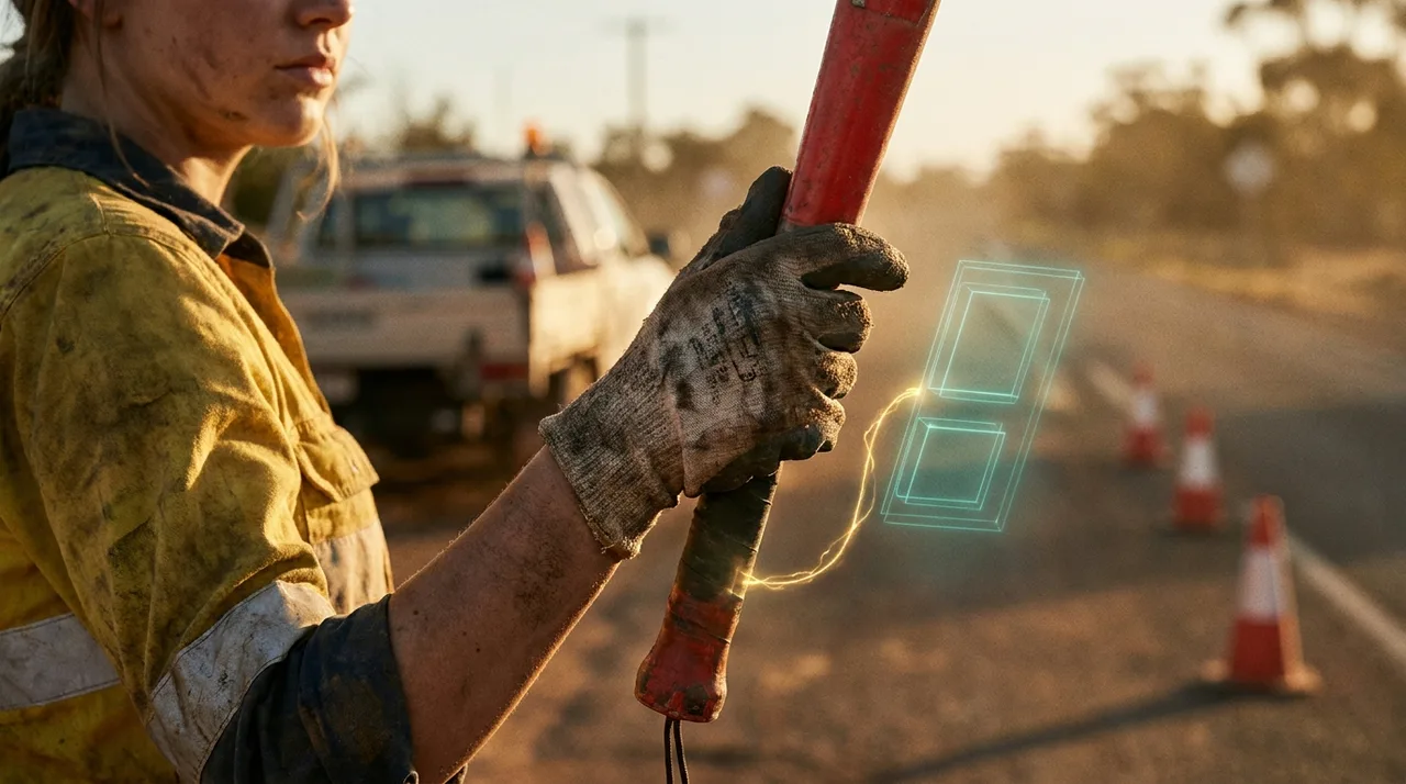 A young female Sydney traffic controller's gloved hand gripping a stop-slow bat at a roadside, the work the blue card traffic controller class covers