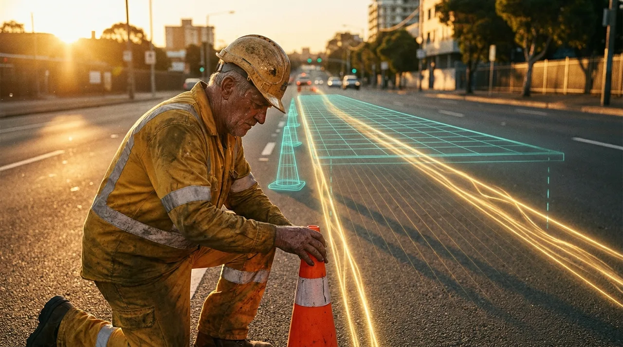 A Sydney traffic controller in golden-yellow hi-vis setting out cones along a lane closure, the setup work the yellow card Implement Traffic Control Plans class covers