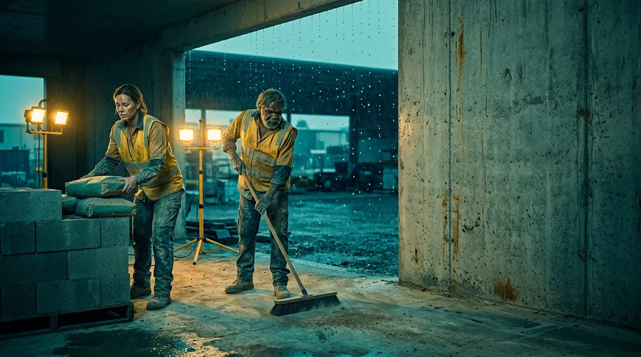 Two labourers doing inside tasks on a dry level of a Sydney build while heavy rain falls outside, a wet-weather task pool in action