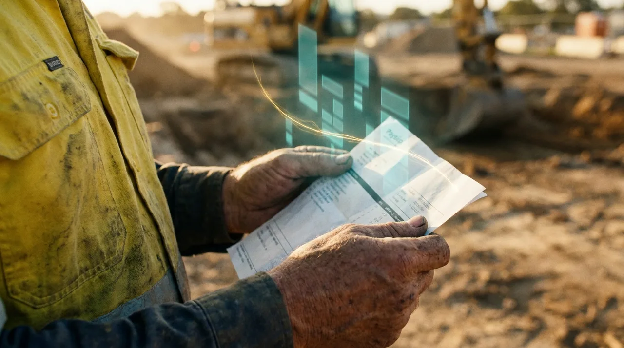 A close mid shot of a weathered older Sydney labourer's grimy hands holding a folded payslip against his dusty golden-yellow hi-vis