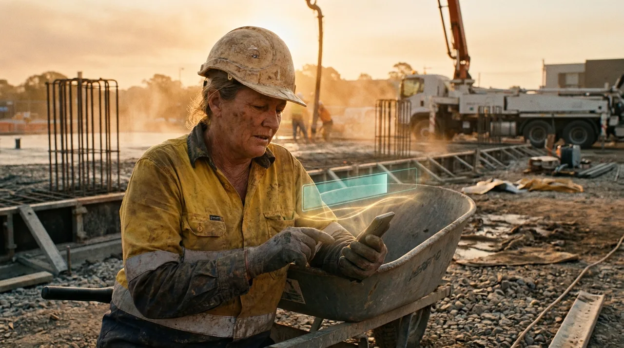 A weathered female Sydney concreter in dusty golden-yellow hi-vis and a scuffed hard hat leaning on a wheelbarrow at golden hour, glancing at a phone
