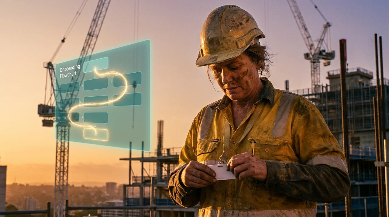 A working holiday labourer in golden-yellow hi-vis and hard hat clipping a new White Card to her lanyard at golden hour after finishing her Sydney arrival setup