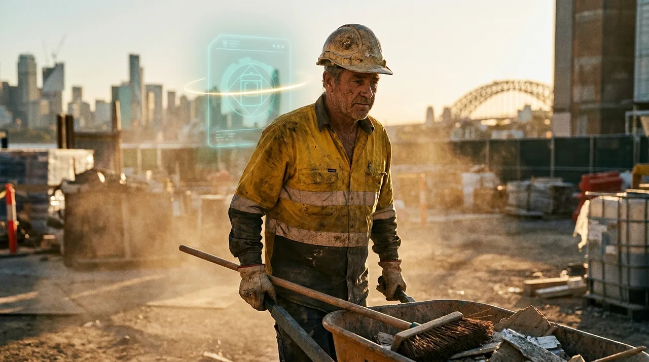 A weathered general labourer in dusty golden-yellow hi-vis and hard hat sweeping and barrowing rubbish on a Sydney site at golden hour, a faint