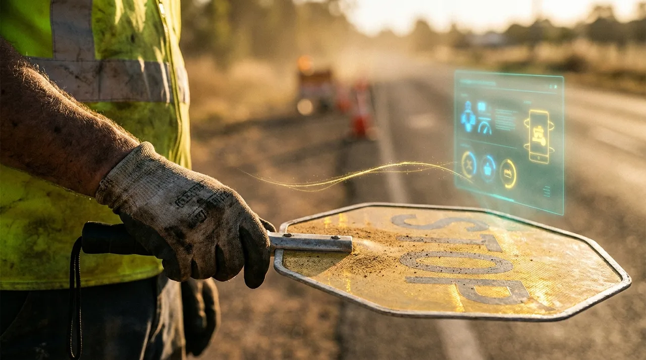 A close mid shot of a weathered controller's gloved hand on a stop-slow bat in dusty golden-yellow hi-vis at golden hour, a faint translucent teal