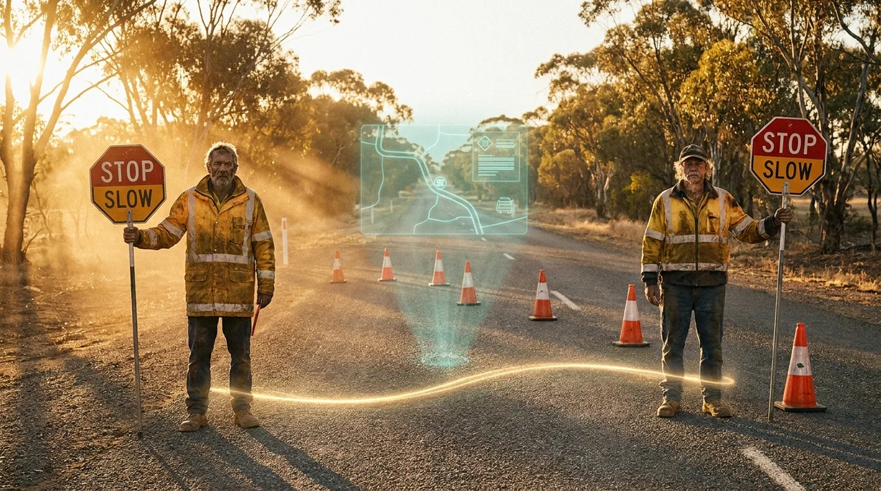 Two weathered Sydney traffic controllers in dusty golden-yellow hi-vis at either end of a single-lane closure on a classified road at golden hour, a faint