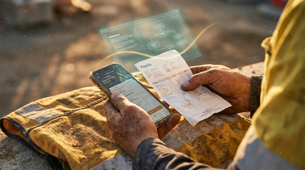 A close mid shot of a sponsored worker's hands holding a phone showing a visa grant notice over a golden-yellow hi-vis vest on a Sydney site
