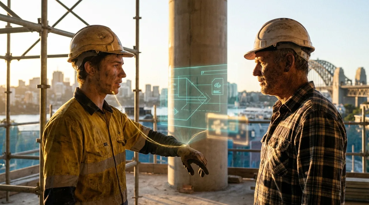 A young sponsored worker in golden-yellow hi-vis and hard hat working alongside a foreman on a Sydney construction site at golden hour