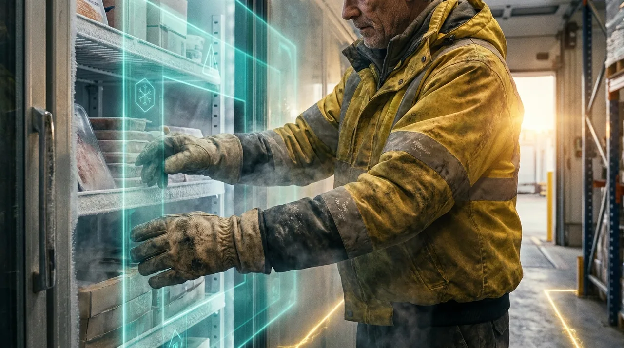 A close mid shot of a weathered cold-chain warehouse worker's gloved hands in thermal PPE picking stock in a chilled aisle at golden hour, dusty