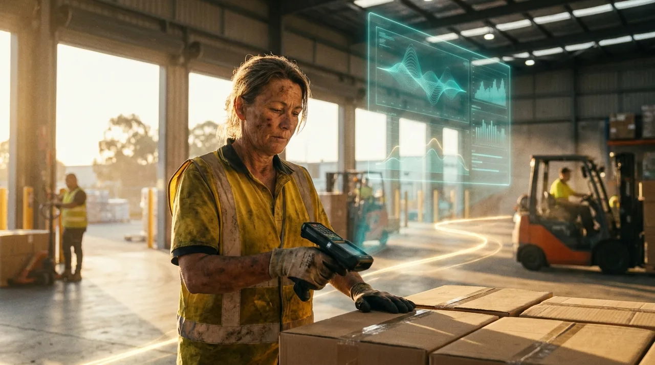 A weathered female 3PL picker in dusty golden-yellow hi-vis scanning cartons at a despatch dock in a South West Sydney distribution centre at golden hour