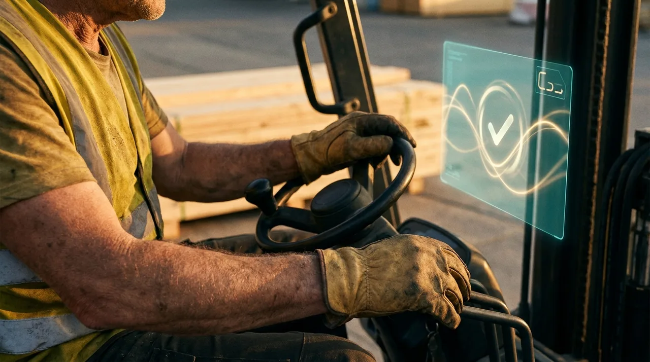 A close mid shot of a weathered Sydney forklift operator's gloved hands on the controls of an LF forklift lifting a pallet at golden hour, dusty