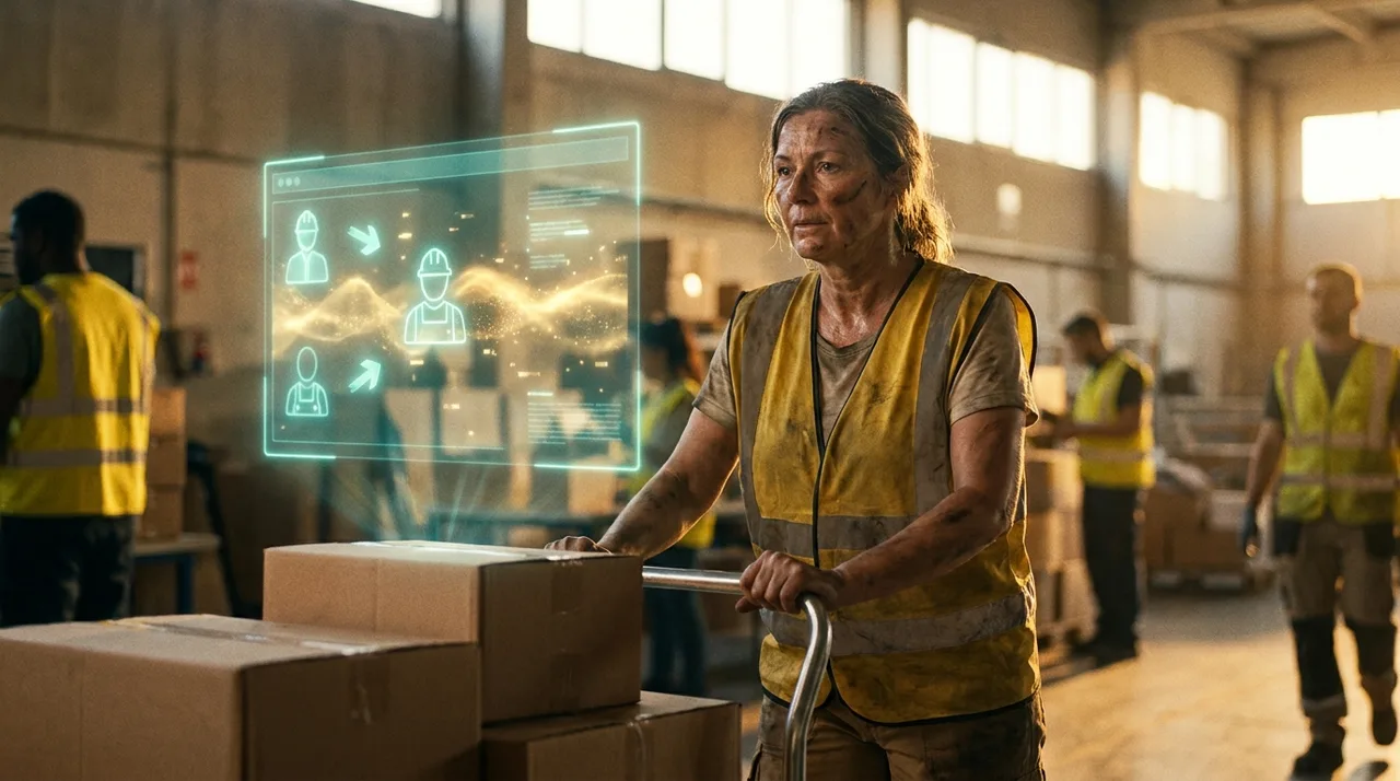 A weathered female Sydney pick-packer in dusty golden-yellow hi-vis racing cartons onto a trolley in a fulfilment warehouse at golden hour, a prominent