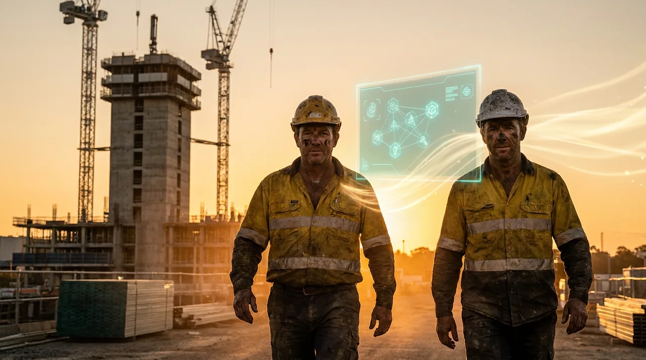 A weathered Sydney labour hire crew of two in dusty golden-yellow hi-vis and hard hats walking onto a building site at golden hour, a prominent